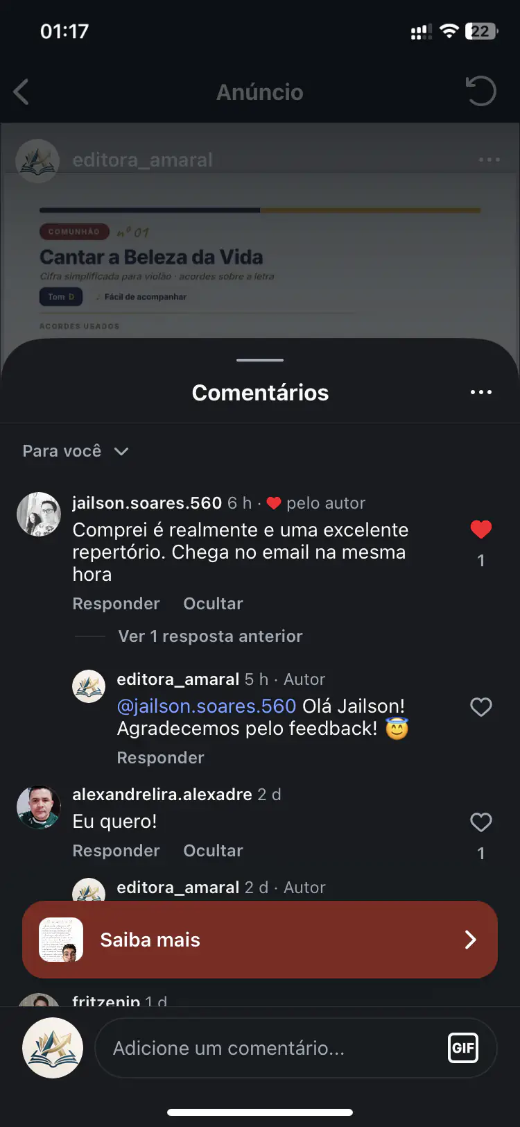 Comentários de clientes no anúncio do Instagram