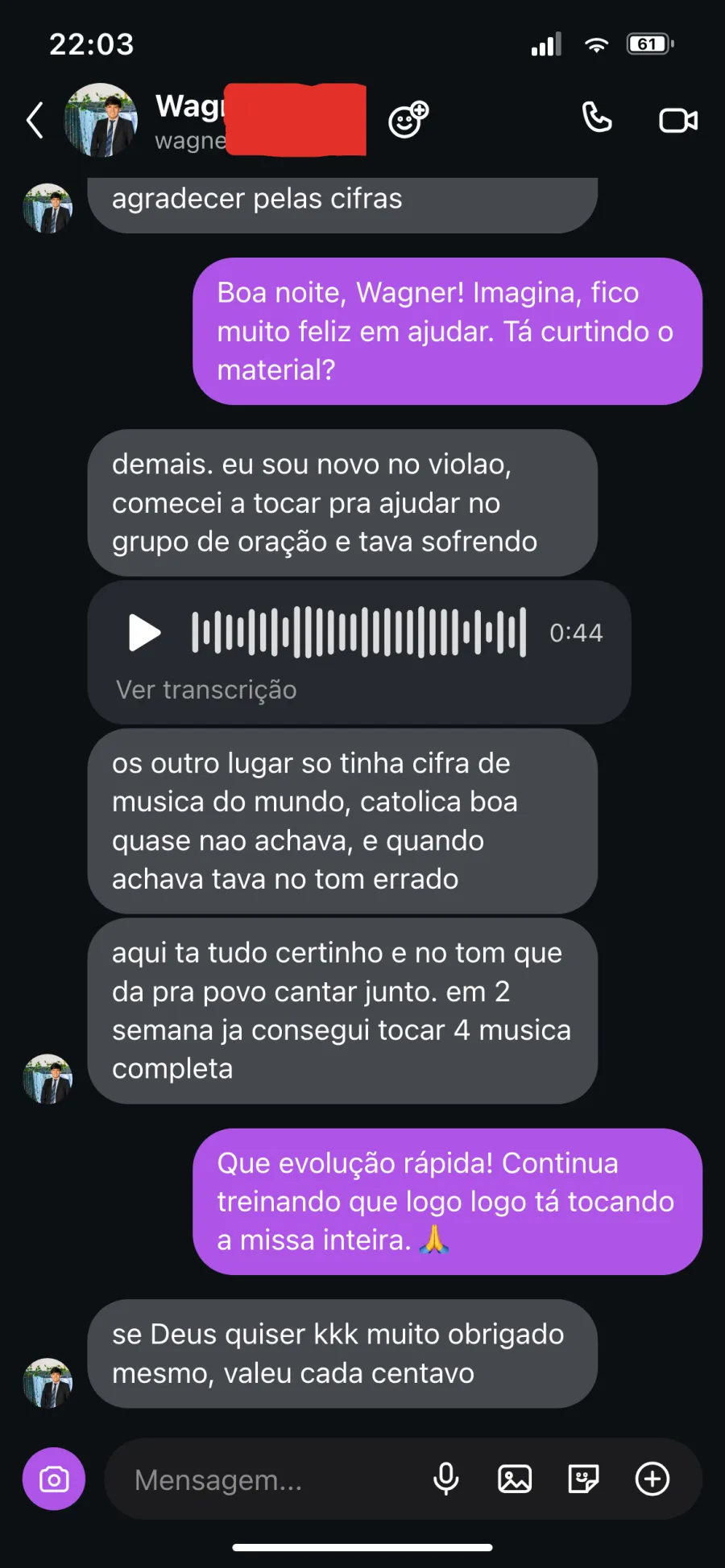 Depoimento de cliente no Instagram